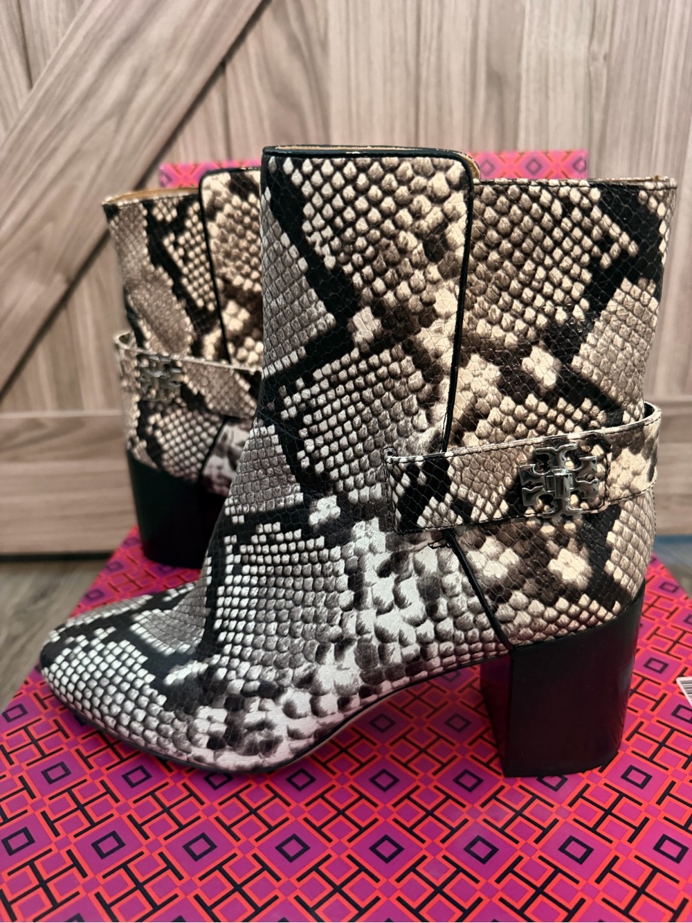 Tory Burch Black & White Snake-Print Block Heel Ankle Boots